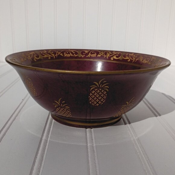 Andrea by Sadek Decorative Pineapple Bowl Gold and Maroon Embossed Scroll Trim - Picture 4 of 12